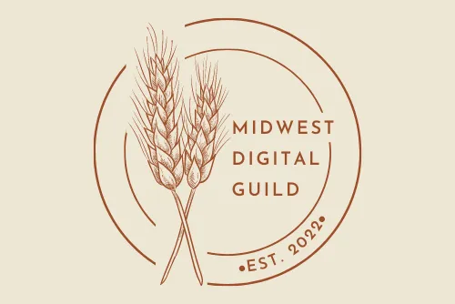 Two wheat stalks intertwine on a beige background. Two circles include the words "Midwest Digital Guild. Est. 2022."