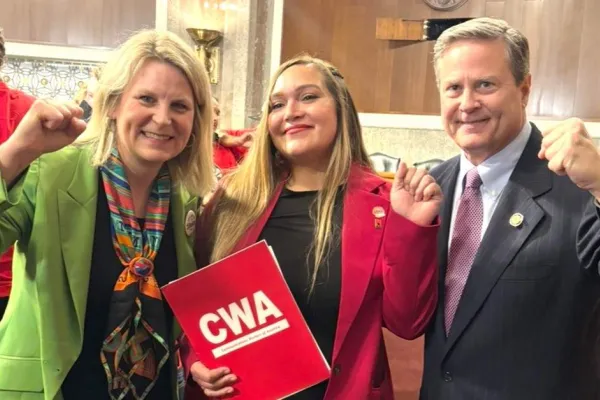 AFL-CIO President Liz Shuler, WFWU-CWA member Kieran Cuadras, and Virginia Congressman Don Norcross