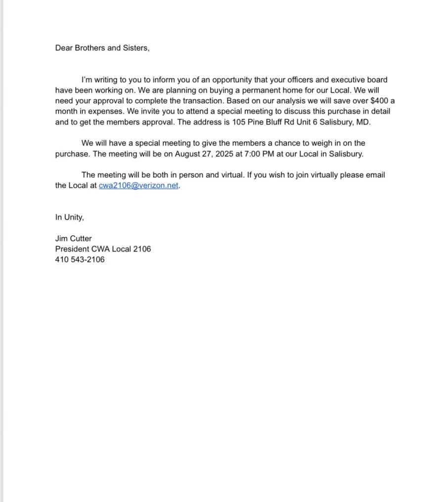 letter from our president for the new home of our local