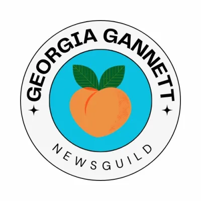 A peach on a blue circle. Around the circle text reads "Georgia Gannett Newsguild"