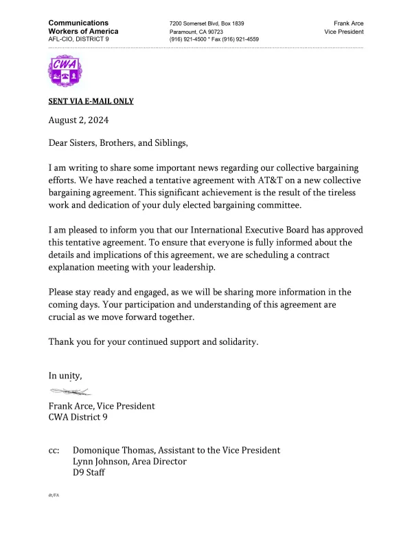 Tentative agreement letter from D9 VP Frank Arce